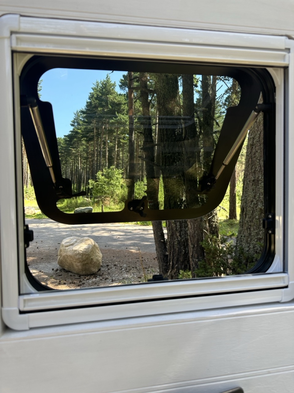 Vistas al bosque desde la ventana de la camper